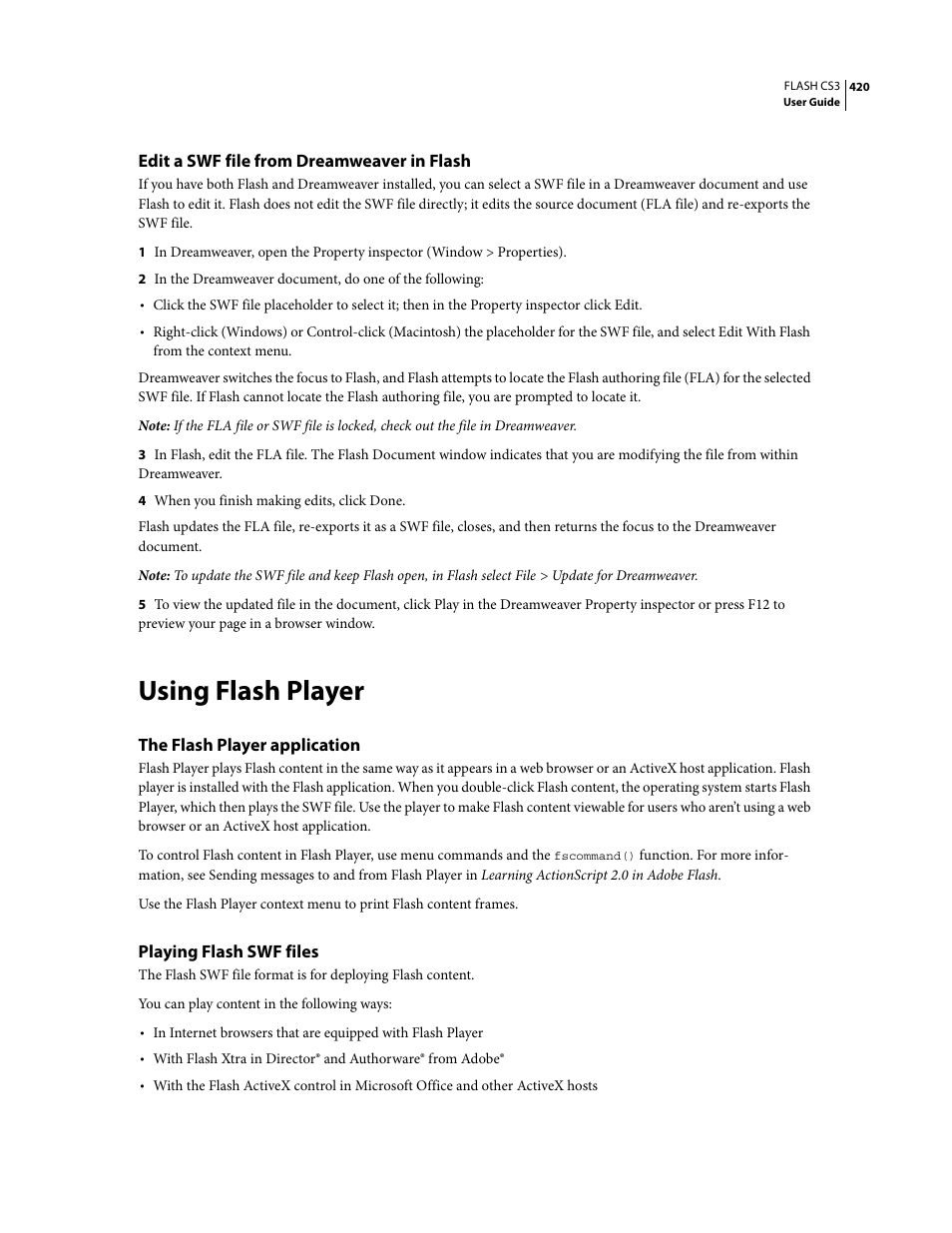 Edit a swf file from dreamweaver in flash, Using flash player, The flash player application | Playing flash swf files | Adobe Flash Professional CS3 User Manual | Page 426 / 527