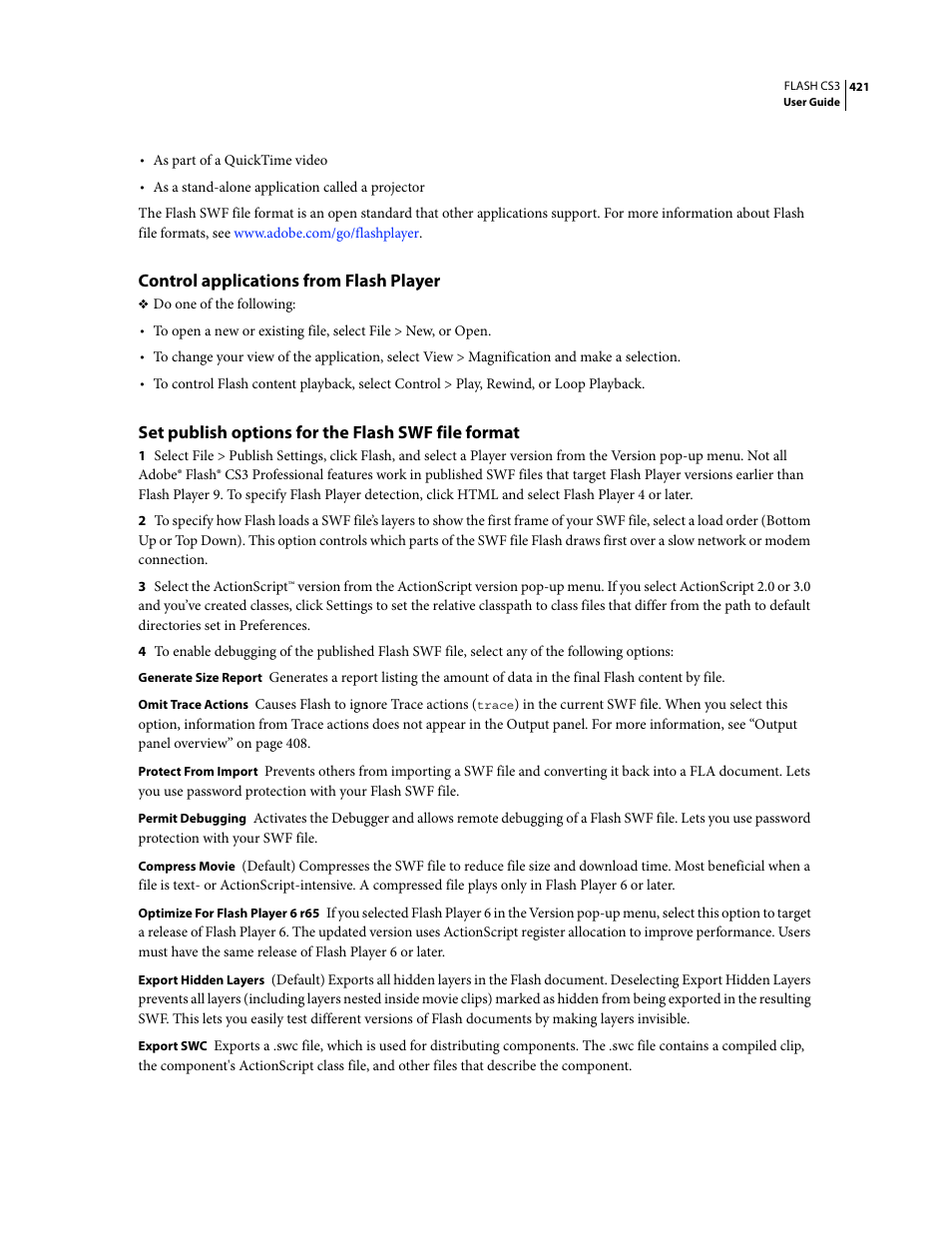 Control applications from flash player, Set publish options for the flash swf file format | Adobe Flash Professional CS3 User Manual | Page 427 / 527