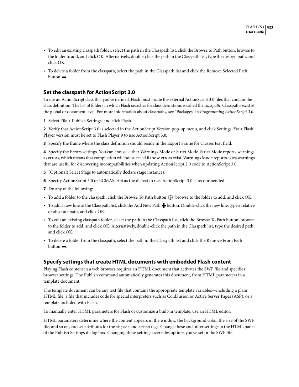 Set the classpath for actionscript 3.0 | Adobe Flash Professional CS3 User Manual | Page 429 / 527