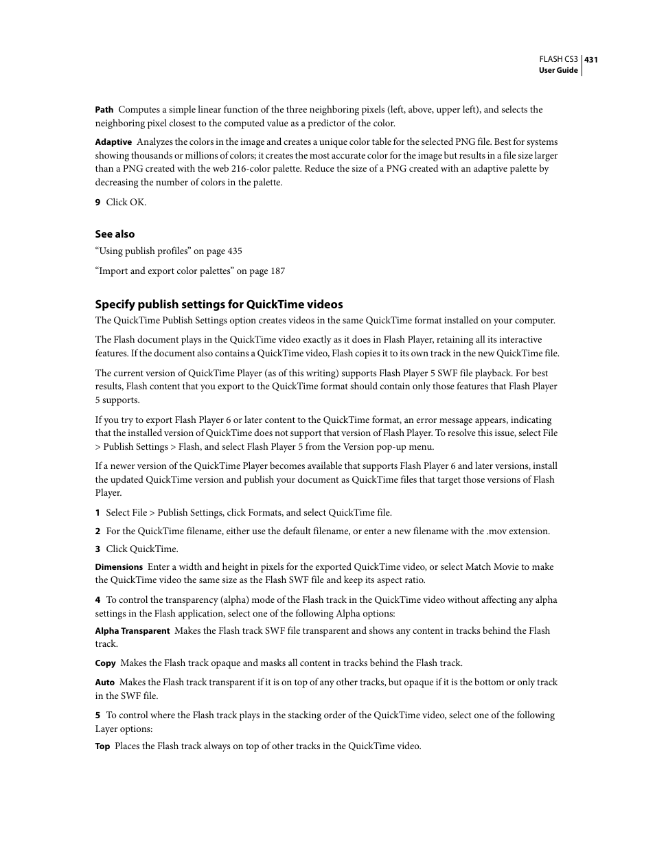 Specify publish settings for quicktime videos | Adobe Flash Professional CS3 User Manual | Page 437 / 527