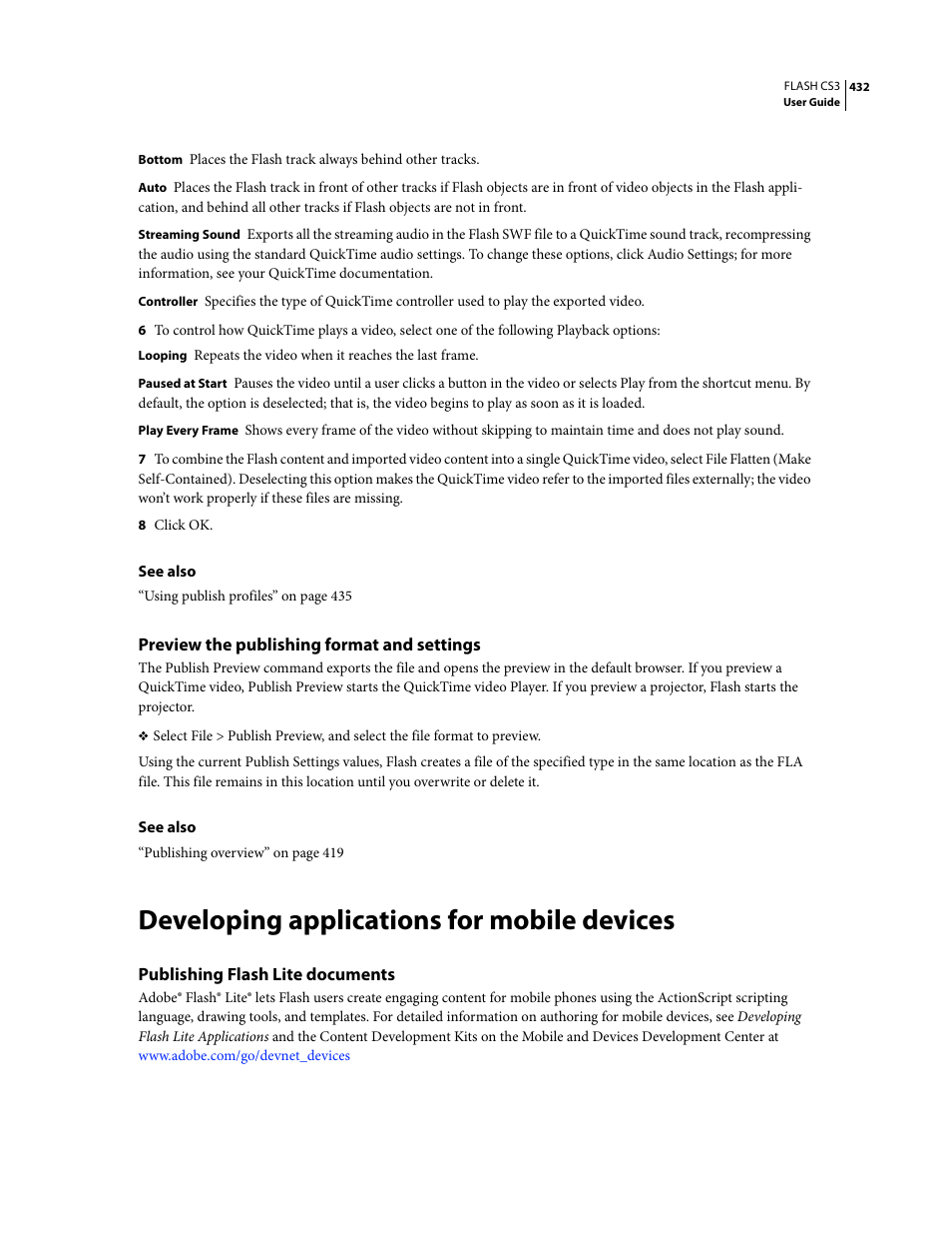 Preview the publishing format and settings, Developing applications for mobile devices, Publishing flash lite documents | Adobe Flash Professional CS3 User Manual | Page 438 / 527