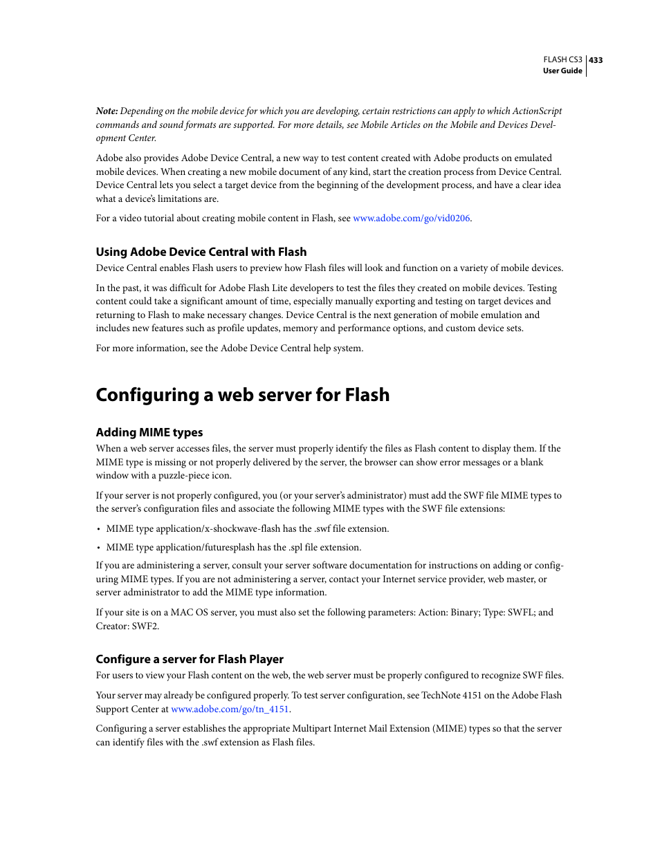 Using adobe device central with flash, Configuring a web server for flash, Adding mime types | Configure a server for flash player | Adobe Flash Professional CS3 User Manual | Page 439 / 527