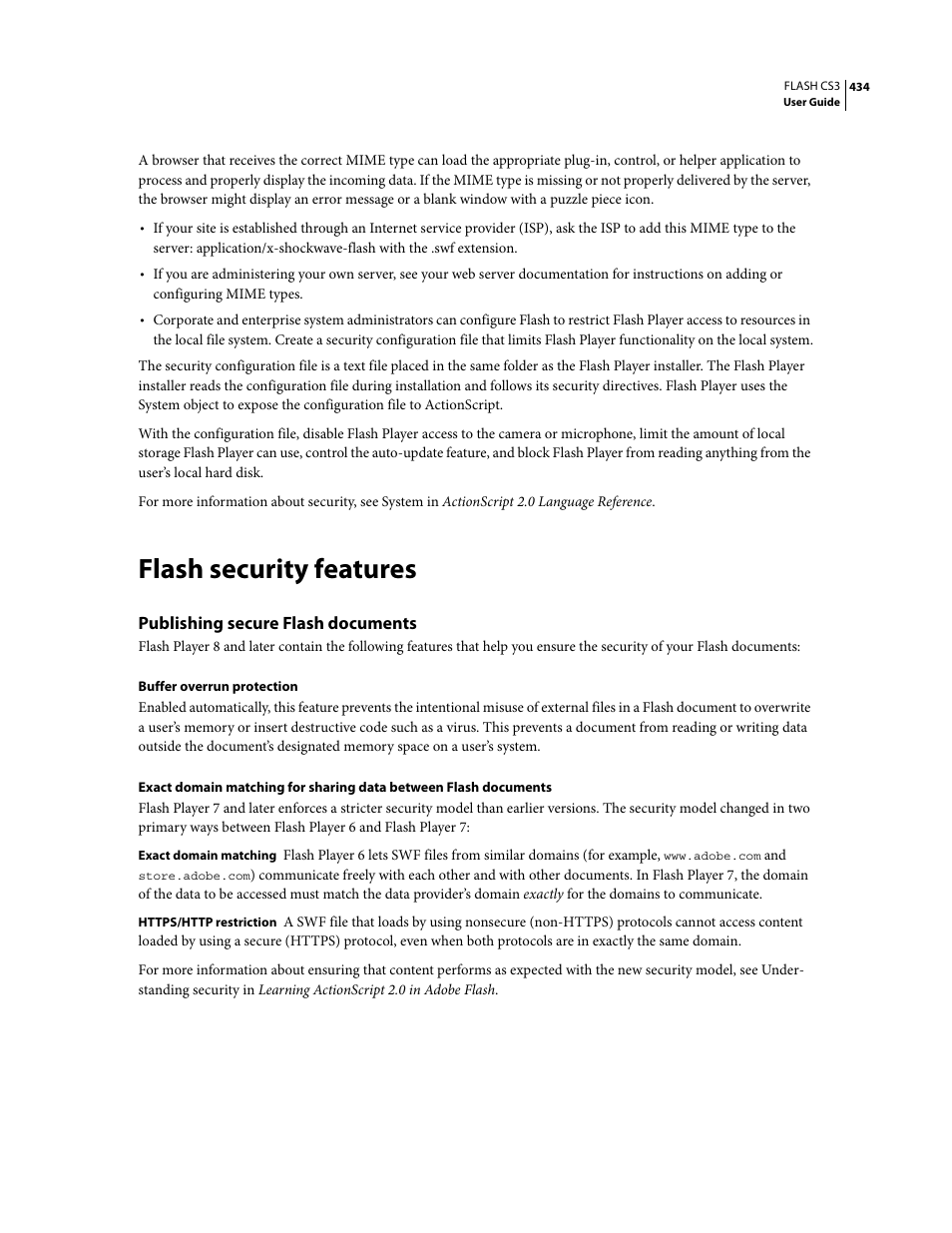 Flash security features, Publishing secure flash documents | Adobe Flash Professional CS3 User Manual | Page 440 / 527