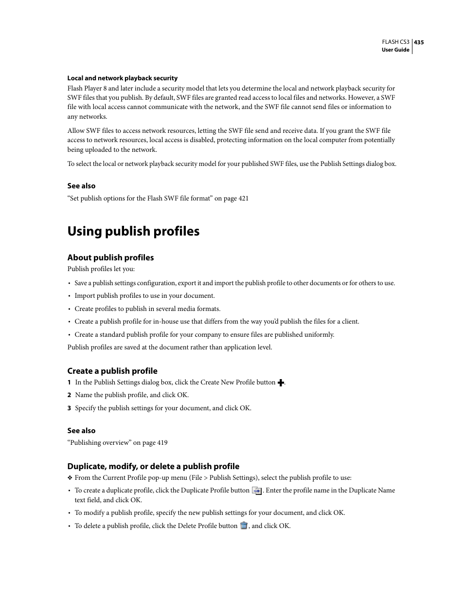 Using publish profiles, About publish profiles, Create a publish profile | Duplicate, modify, or delete a publish profile | Adobe Flash Professional CS3 User Manual | Page 441 / 527