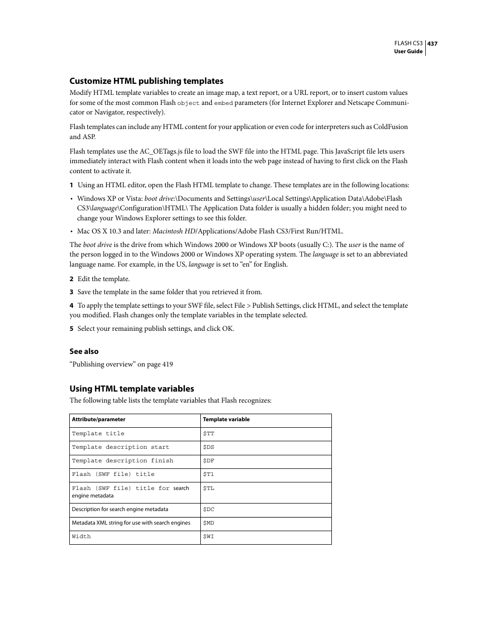 Customize html publishing templates, Using html template variables | Adobe Flash Professional CS3 User Manual | Page 443 / 527