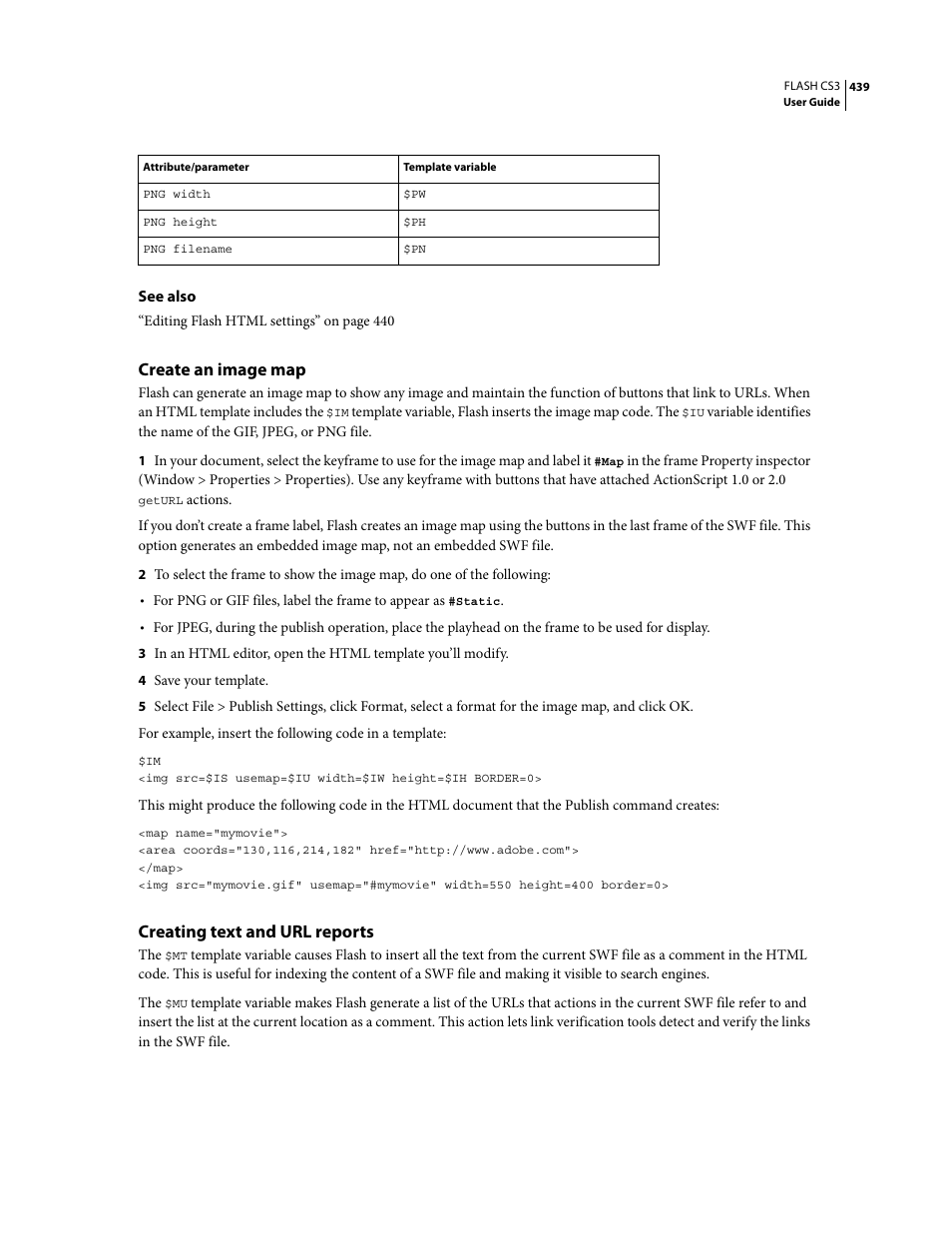 Create an image map, Creating text and url reports | Adobe Flash Professional CS3 User Manual | Page 445 / 527