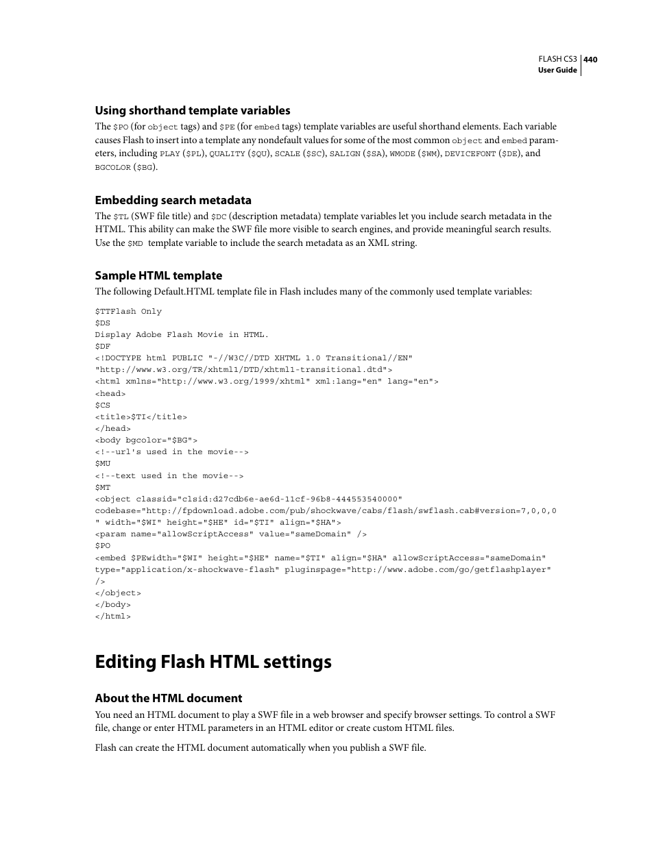 Using shorthand template variables, Embedding search metadata, Sample html template | Editing flash html settings, About the html document | Adobe Flash Professional CS3 User Manual | Page 446 / 527