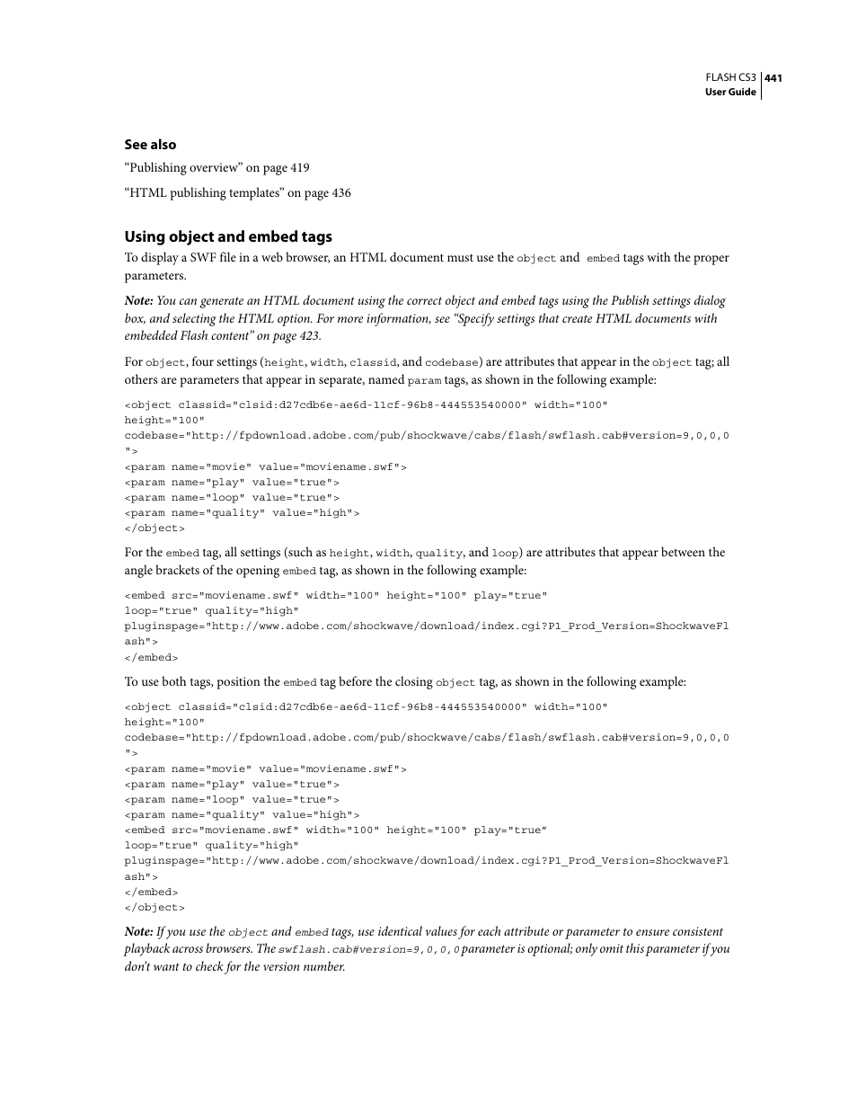 Using object and embed tags | Adobe Flash Professional CS3 User Manual | Page 447 / 527