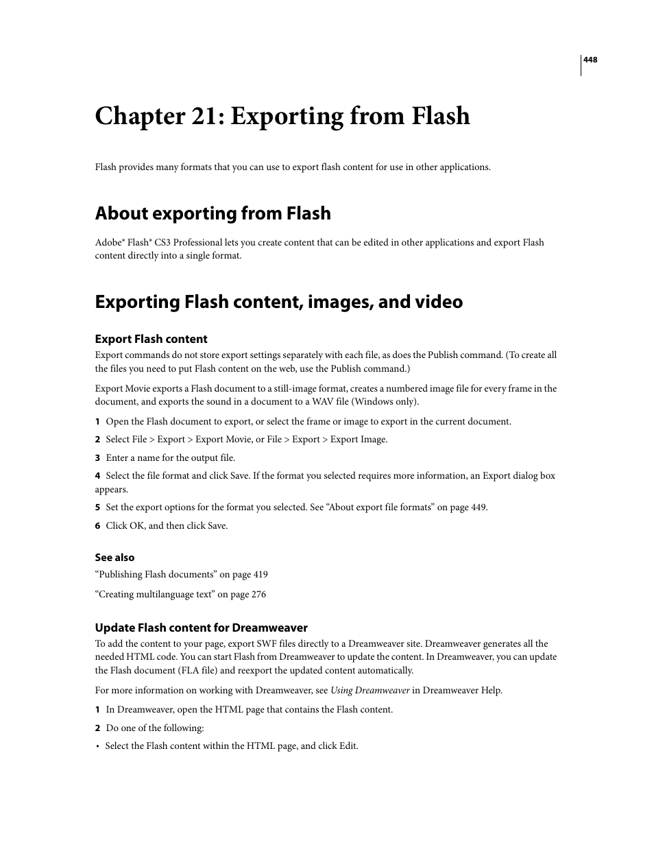 Chapter 21: exporting from flash, About exporting from flash, Exporting flash content, images, and video | Export flash content, Update flash content for dreamweaver | Adobe Flash Professional CS3 User Manual | Page 454 / 527