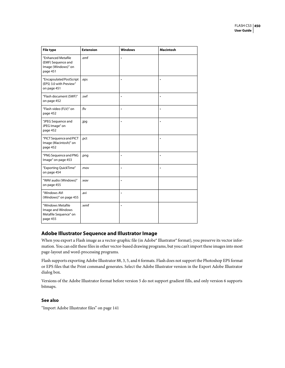 Adobe illustrator sequence and illustrator image, See also | Adobe Flash Professional CS3 User Manual | Page 456 / 527