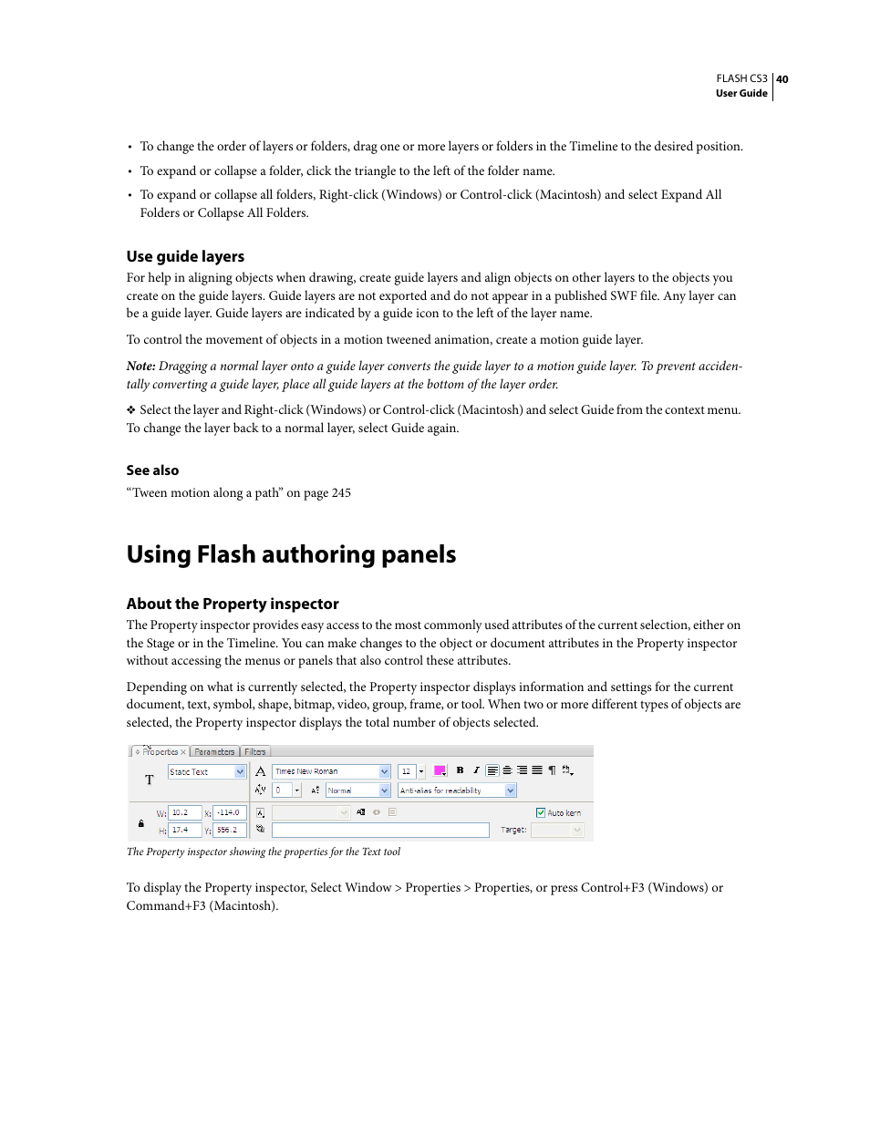 Use guide layers, Using flash authoring panels, About the property inspector | Adobe Flash Professional CS3 User Manual | Page 46 / 527