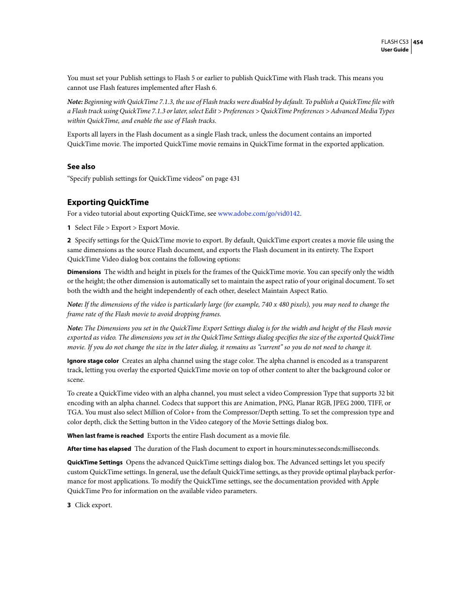 Exporting quicktime | Adobe Flash Professional CS3 User Manual | Page 460 / 527