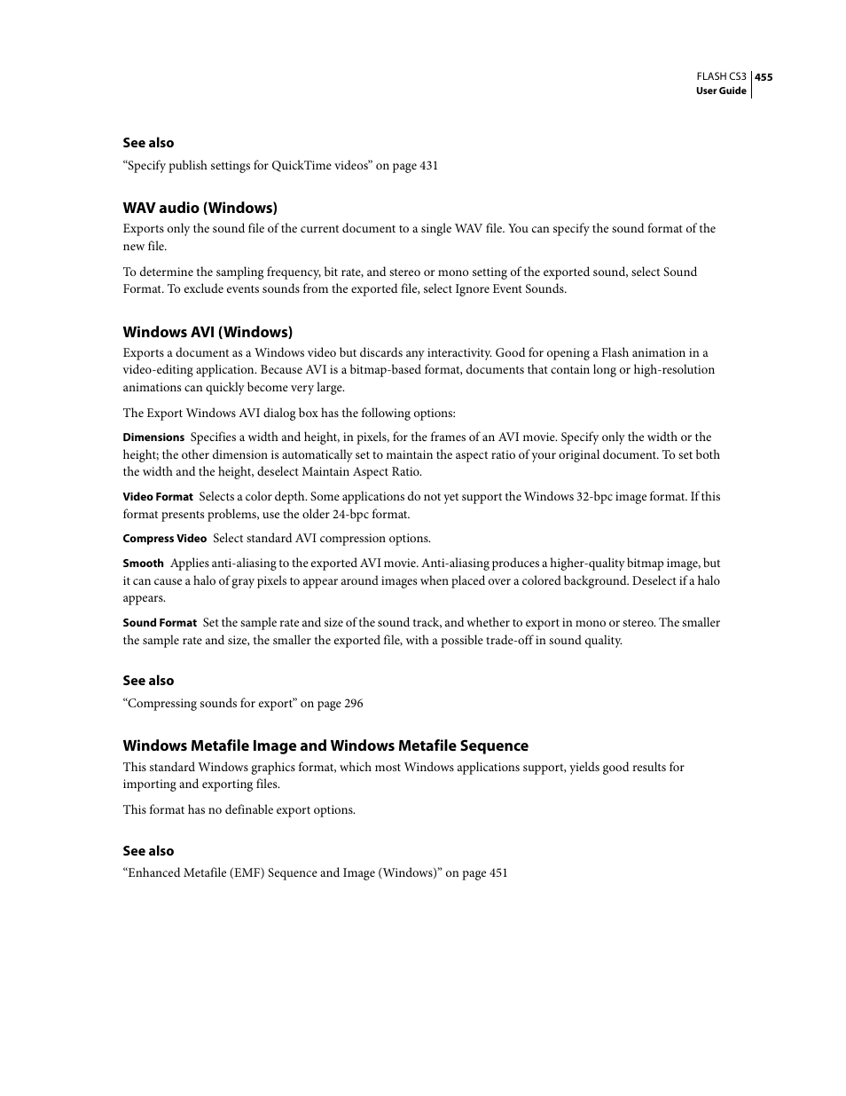 Wav audio (windows), Windows avi (windows) | Adobe Flash Professional CS3 User Manual | Page 461 / 527