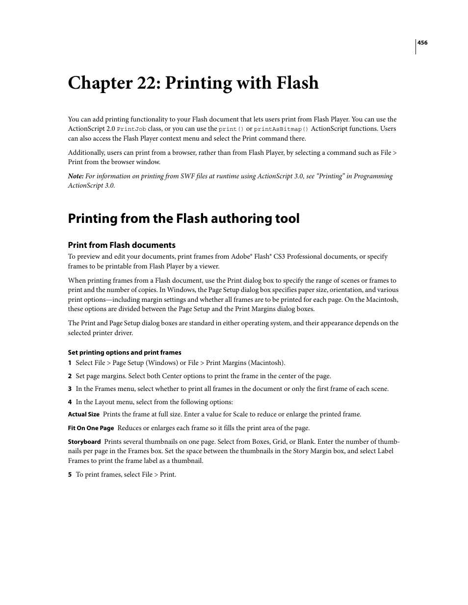 Chapter 22: printing with flash, Printing from the flash authoring tool, Print from flash documents | Adobe Flash Professional CS3 User Manual | Page 462 / 527