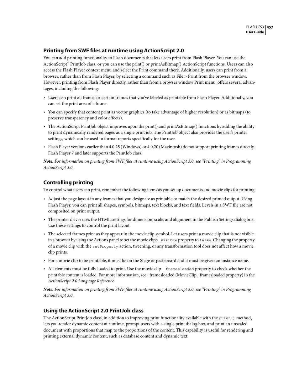 Controlling printing, Using the actionscript 2.0 printjob class | Adobe Flash Professional CS3 User Manual | Page 463 / 527