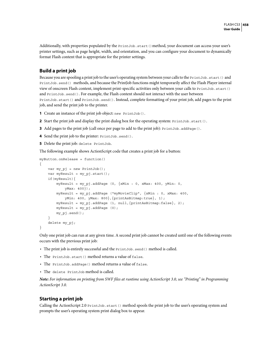 Build a print job, Starting a print job | Adobe Flash Professional CS3 User Manual | Page 464 / 527