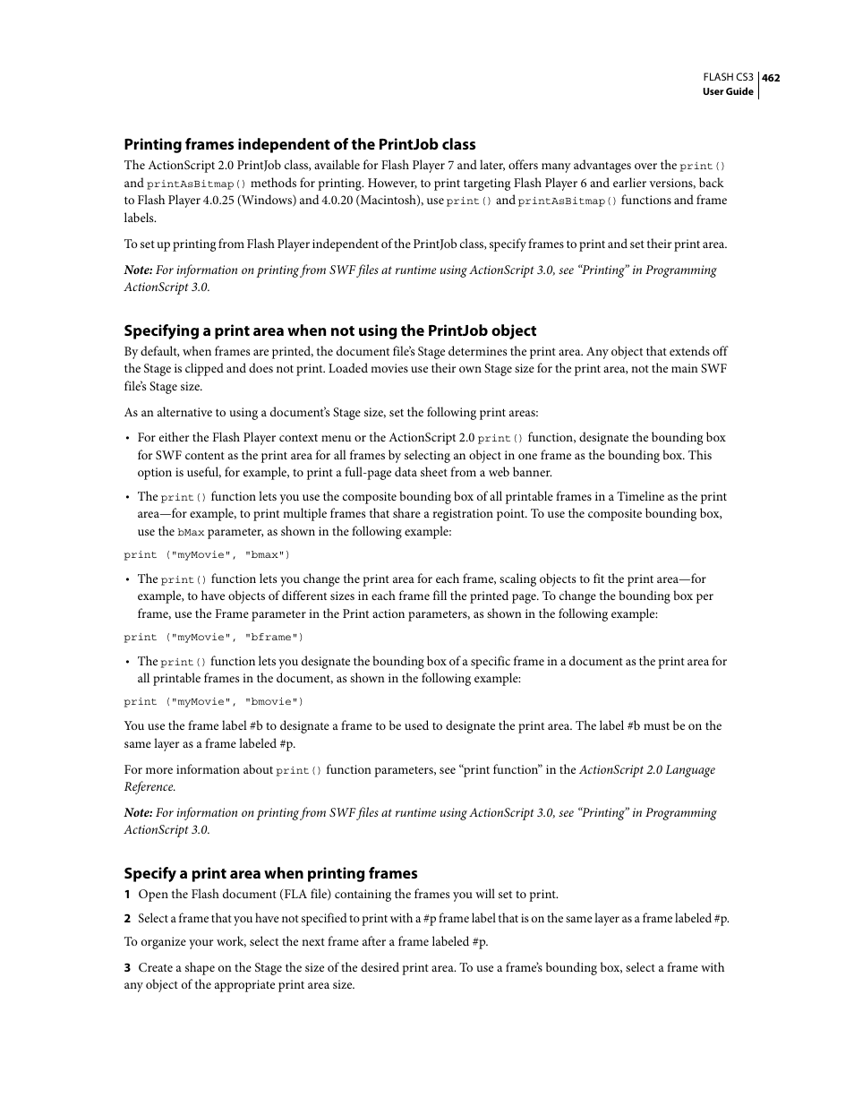 Printing frames independent of the printjob class, Specify a print area when printing frames | Adobe Flash Professional CS3 User Manual | Page 468 / 527