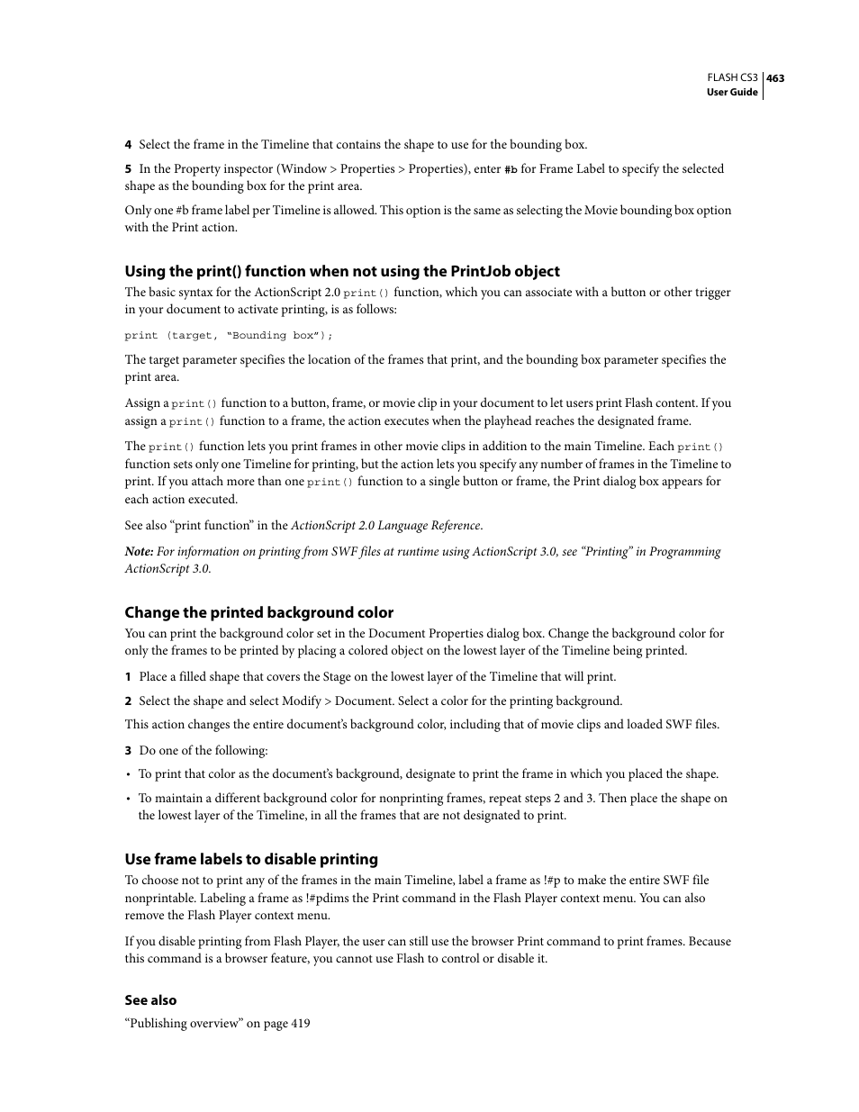 Change the printed background color, Use frame labels to disable printing | Adobe Flash Professional CS3 User Manual | Page 469 / 527