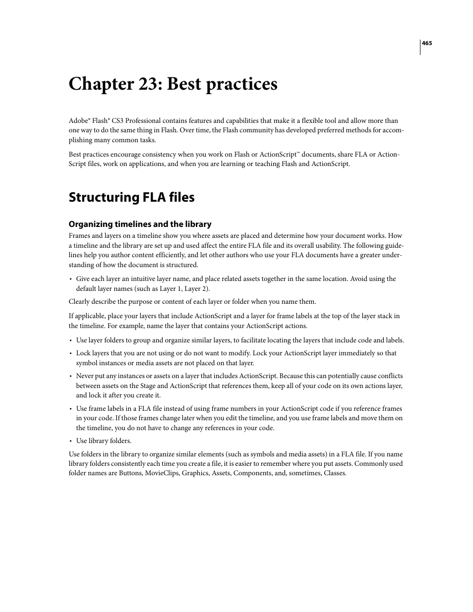 Chapter 23: best practices, Structuring fla files, Organizing timelines and the library | Adobe Flash Professional CS3 User Manual | Page 471 / 527