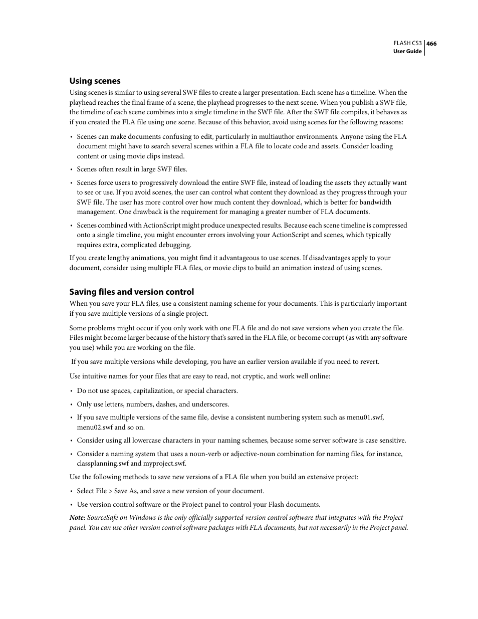 Using scenes, Saving files and version control | Adobe Flash Professional CS3 User Manual | Page 472 / 527