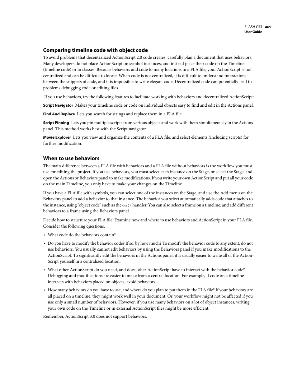 Comparing timeline code with object code, When to use behaviors | Adobe Flash Professional CS3 User Manual | Page 475 / 527