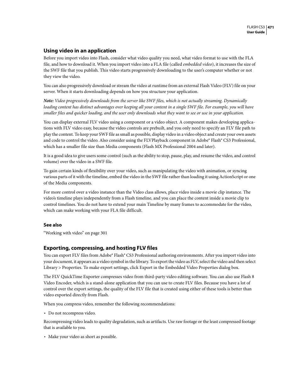 Using video in an application, Exporting, compressing, and hosting flv files | Adobe Flash Professional CS3 User Manual | Page 477 / 527