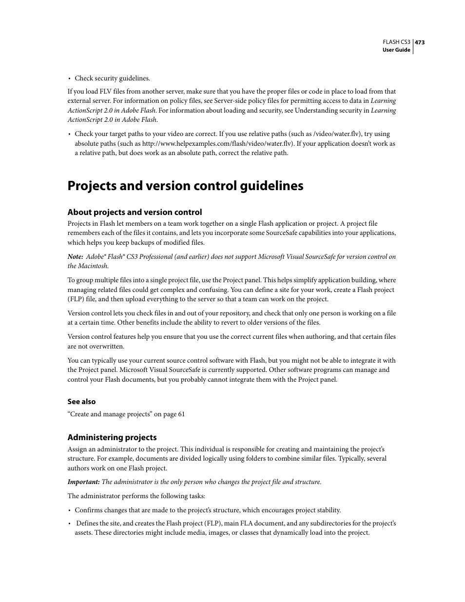 Projects and version control guidelines, About projects and version control, Administering projects | Adobe Flash Professional CS3 User Manual | Page 479 / 527