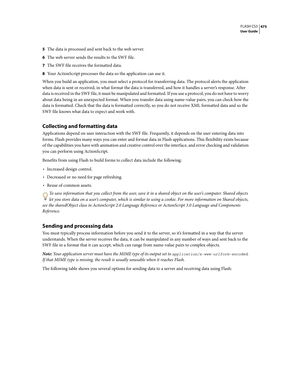 Collecting and formatting data, Sending and processing data | Adobe Flash Professional CS3 User Manual | Page 481 / 527
