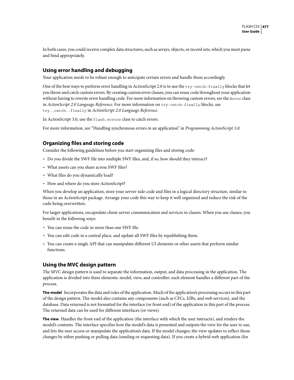 Using error handling and debugging, Organizing files and storing code, Using the mvc design pattern | Adobe Flash Professional CS3 User Manual | Page 483 / 527