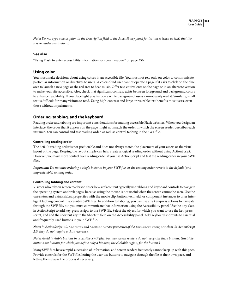 Using color, Ordering, tabbing, and the keyboard | Adobe Flash Professional CS3 User Manual | Page 487 / 527