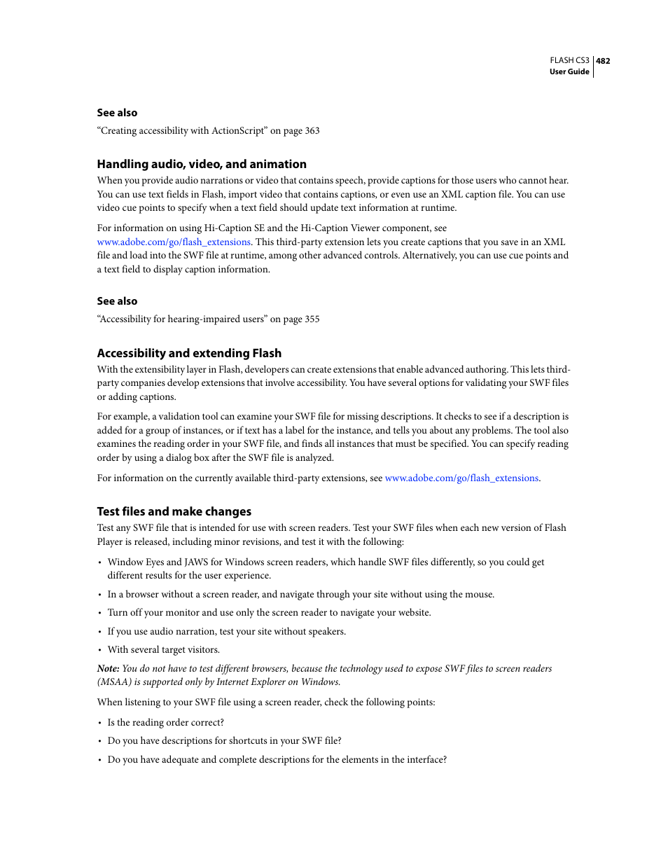 Handling audio, video, and animation, Accessibility and extending flash, Test files and make changes | Adobe Flash Professional CS3 User Manual | Page 488 / 527