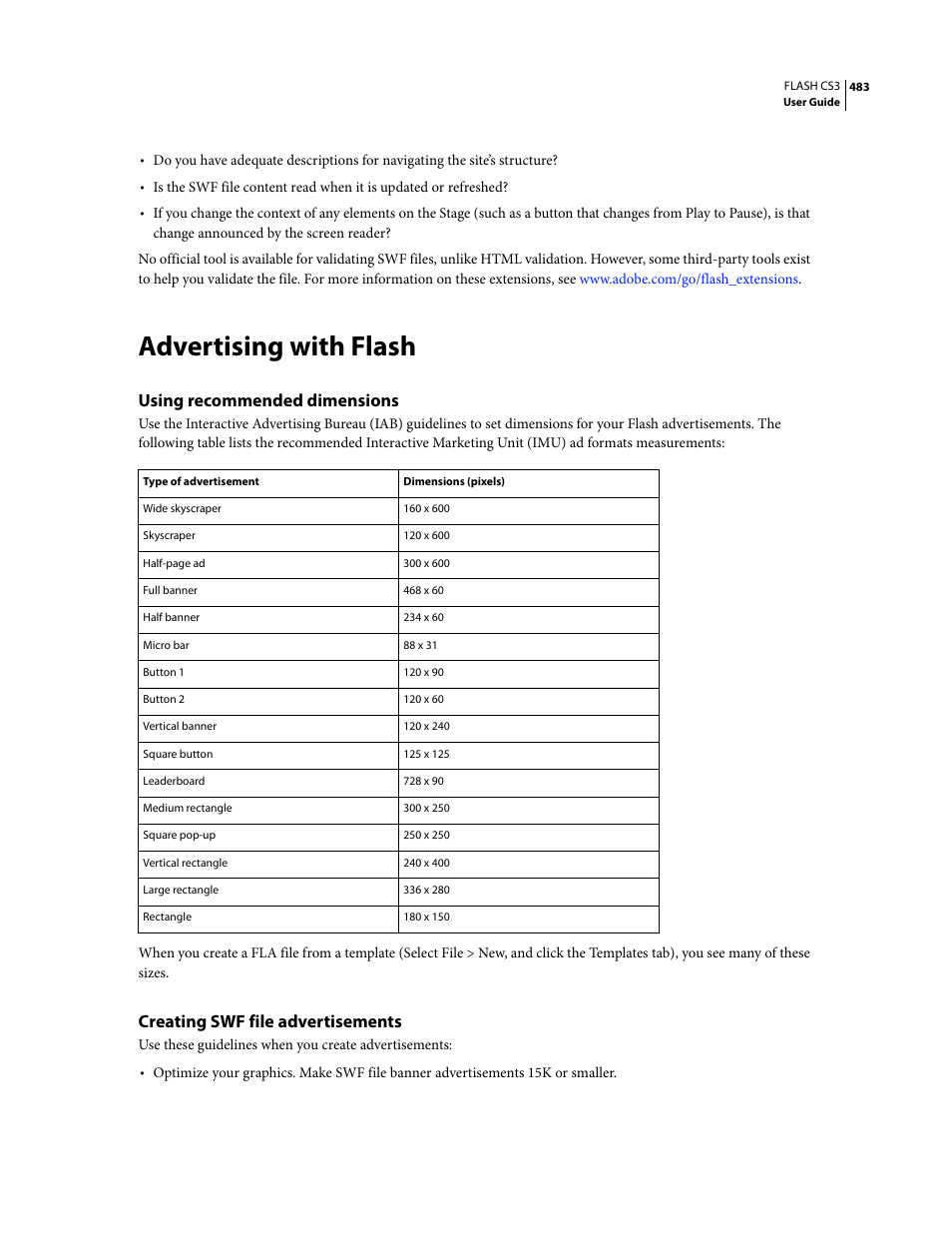 Advertising with flash, Using recommended dimensions, Creating swf file advertisements | Adobe Flash Professional CS3 User Manual | Page 489 / 527