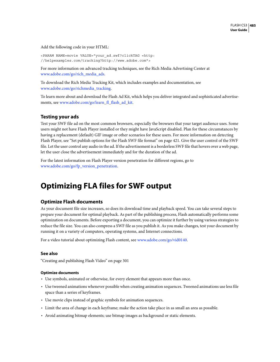 Testing your ads, Optimizing fla files for swf output, Optimize flash documents | Adobe Flash Professional CS3 User Manual | Page 491 / 527