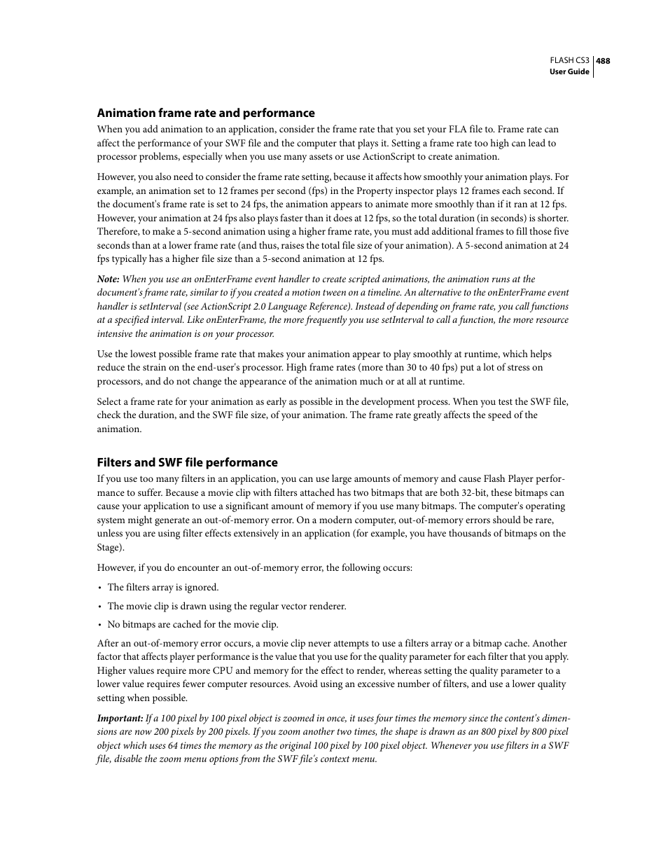 Animation frame rate and performance, Filters and swf file performance | Adobe Flash Professional CS3 User Manual | Page 494 / 527