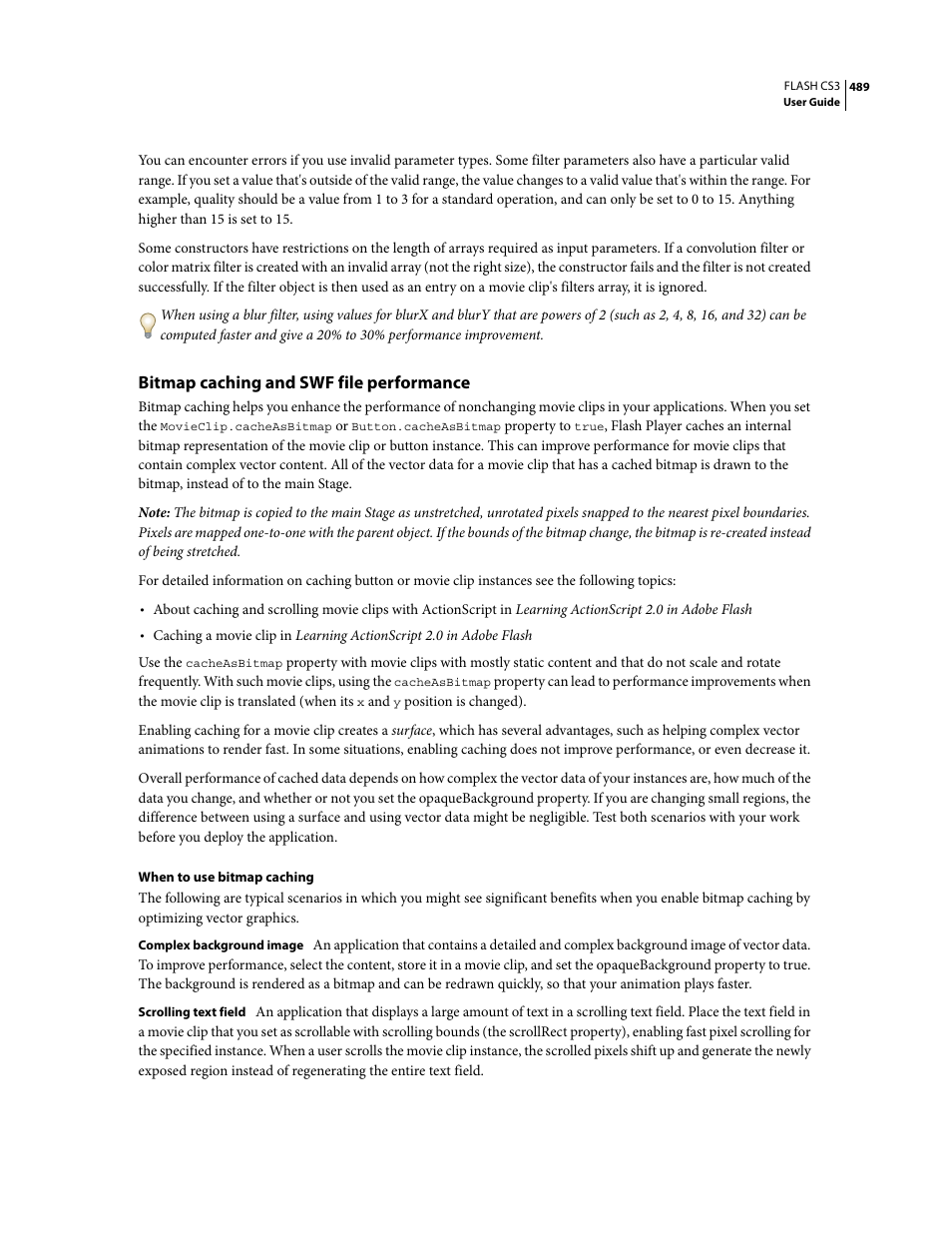 Bitmap caching and swf file performance | Adobe Flash Professional CS3 User Manual | Page 495 / 527