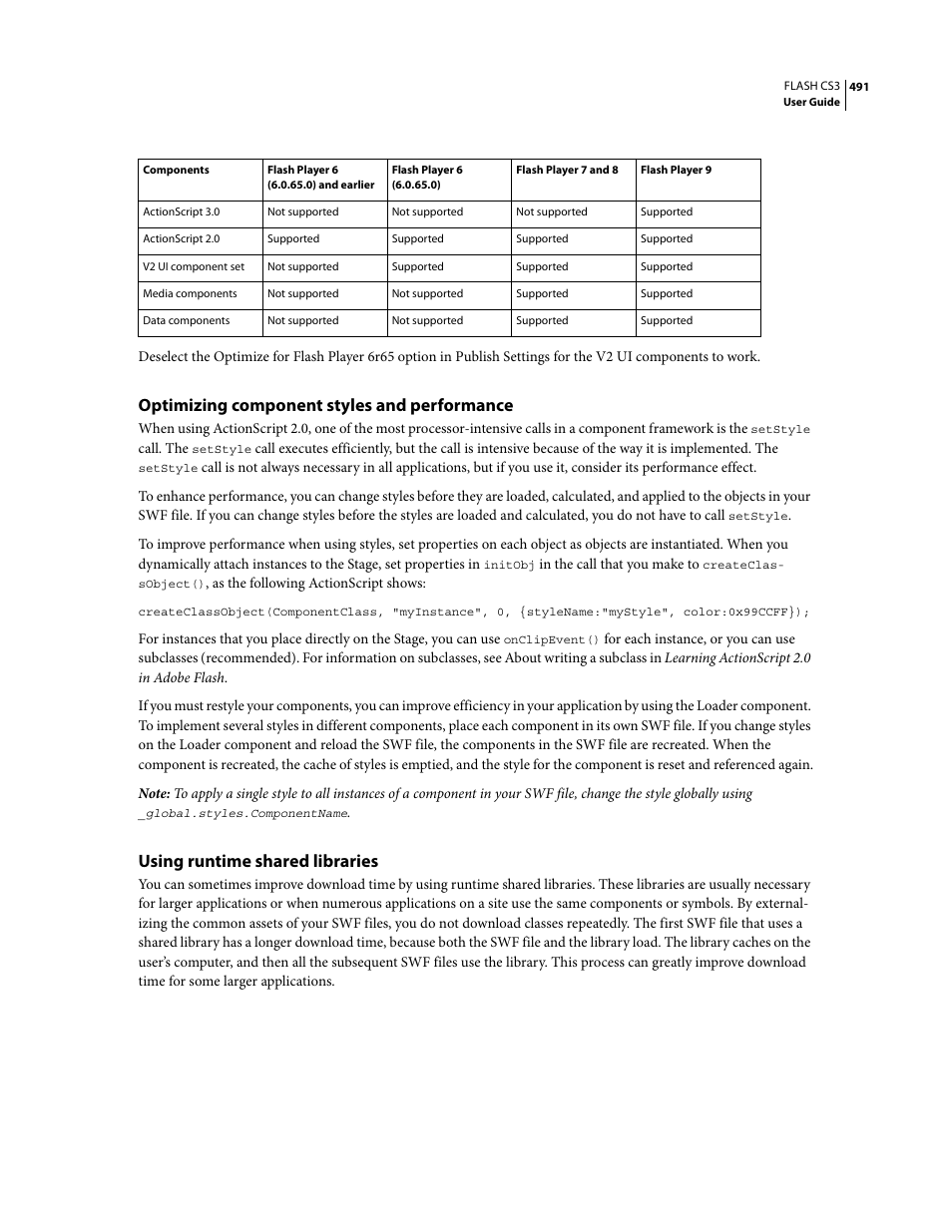 Optimizing component styles and performance, Using runtime shared libraries | Adobe Flash Professional CS3 User Manual | Page 497 / 527