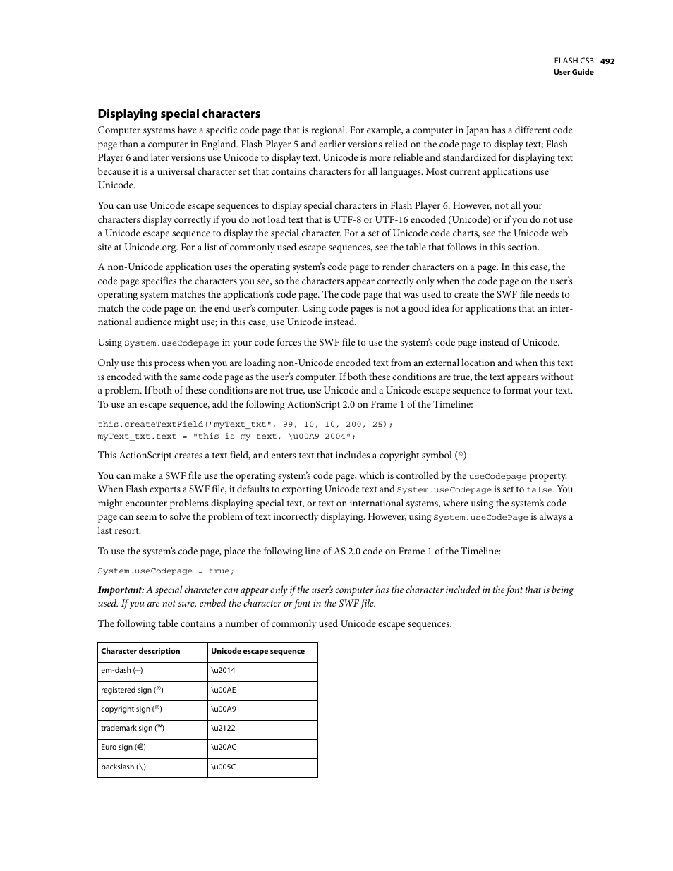 Displaying special characters | Adobe Flash Professional CS3 User Manual | Page 498 / 527