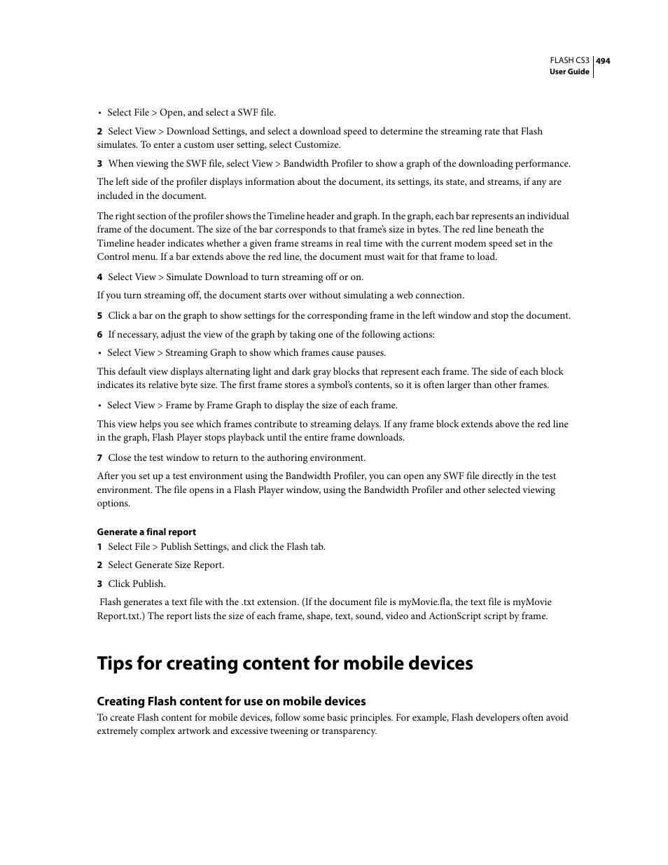 Tips for creating content for mobile devices, Creating flash content for use on mobile devices | Adobe Flash Professional CS3 User Manual | Page 500 / 527