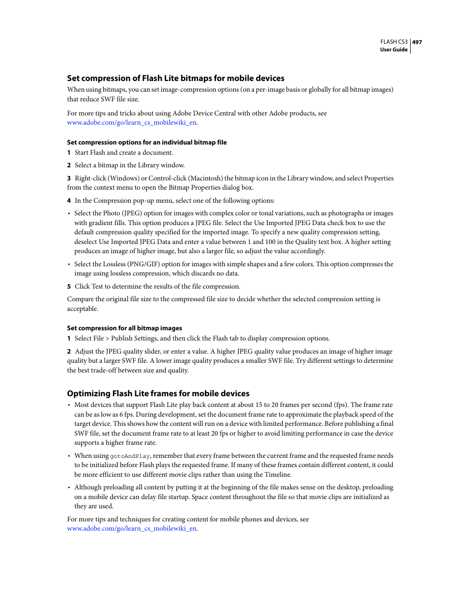Optimizing flash lite frames for mobile devices | Adobe Flash Professional CS3 User Manual | Page 503 / 527