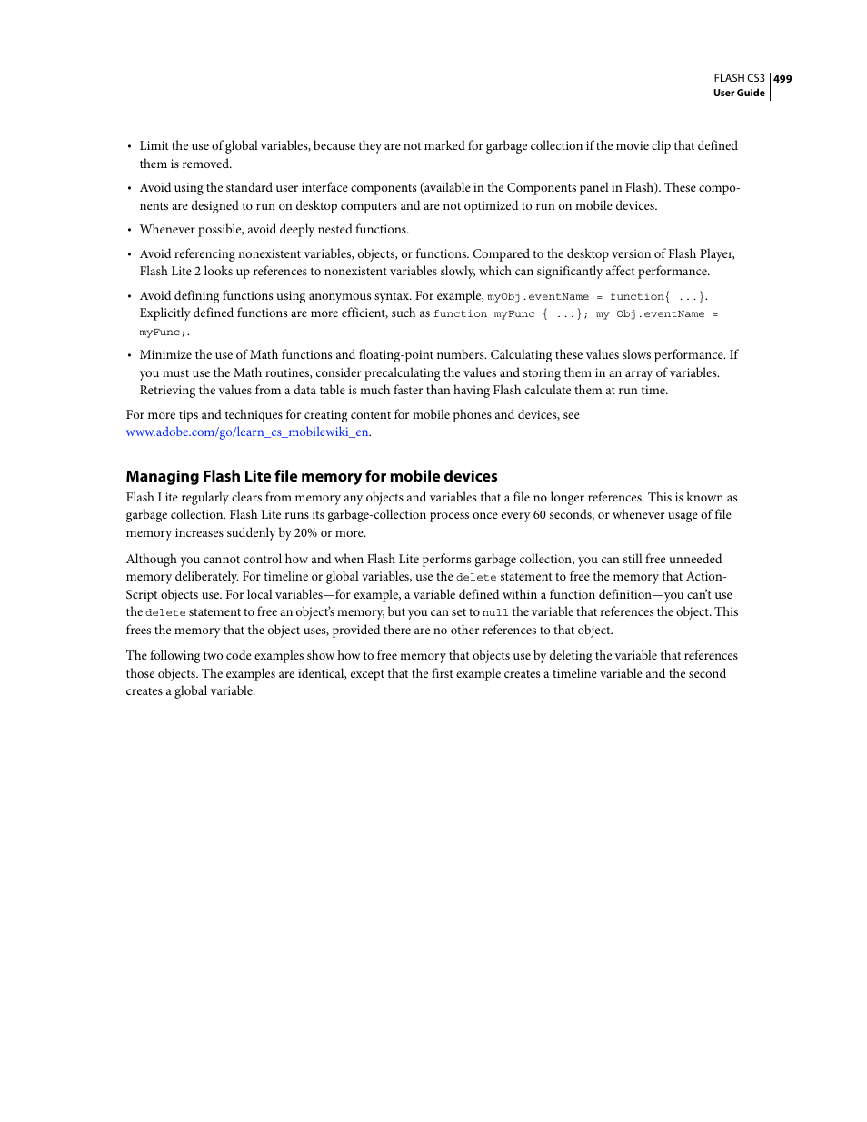 Managing flash lite file memory for mobile devices | Adobe Flash Professional CS3 User Manual | Page 505 / 527