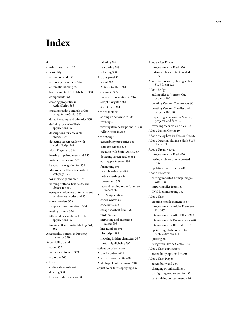 Index | Adobe Flash Professional CS3 User Manual | Page 508 / 527