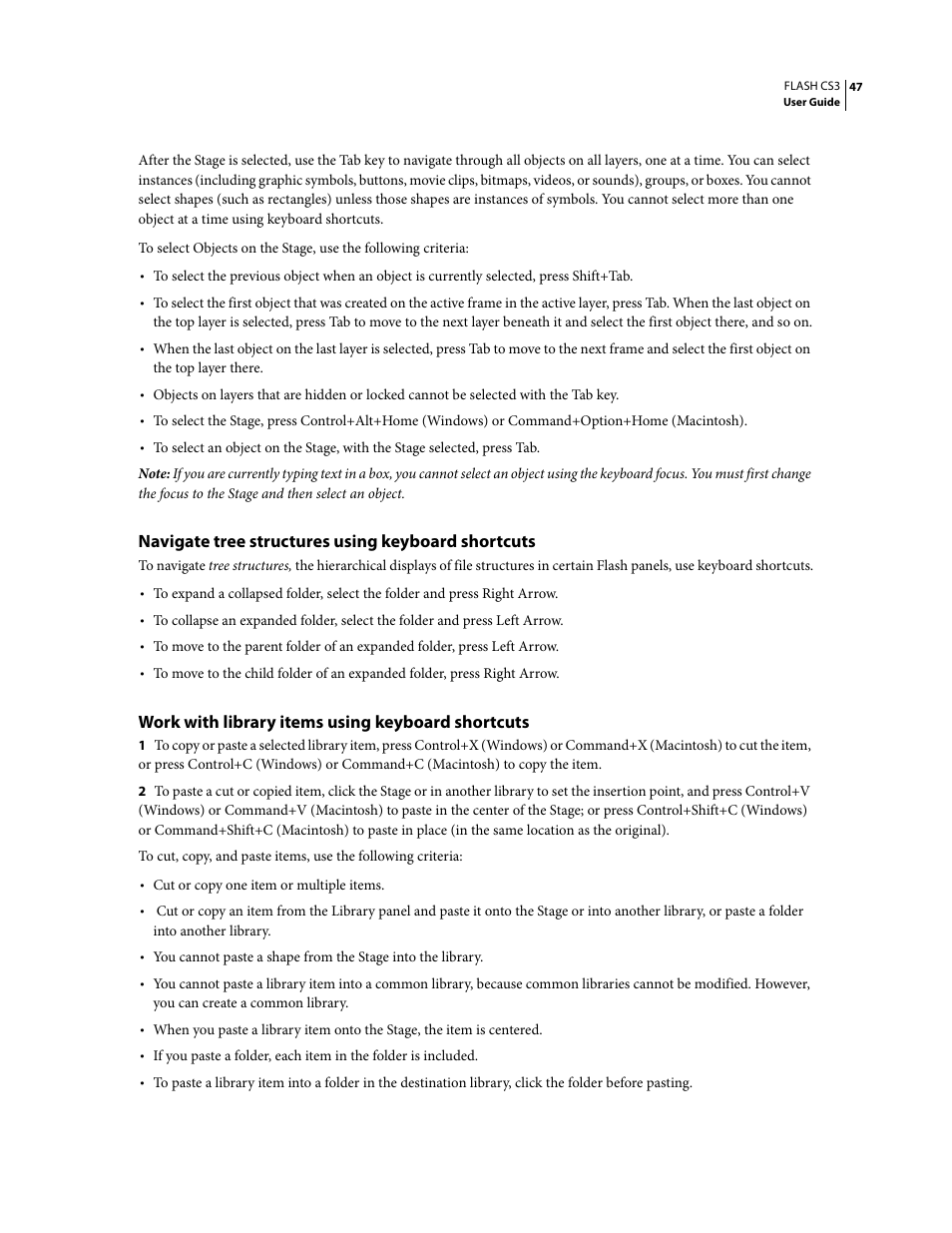 Navigate tree structures using keyboard shortcuts, Work with library items using keyboard shortcuts | Adobe Flash Professional CS3 User Manual | Page 53 / 527