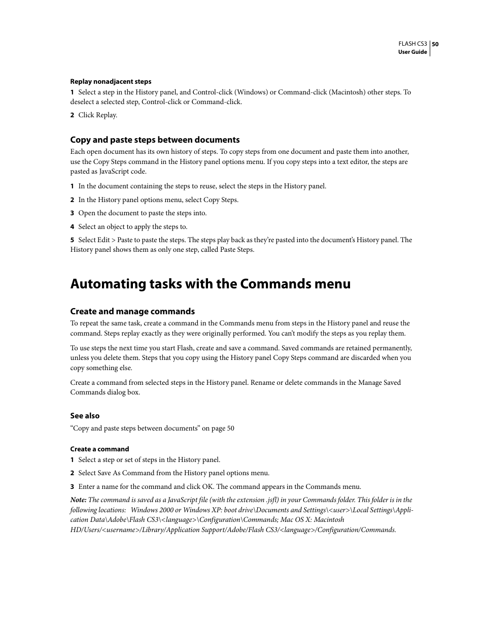 Copy and paste steps between documents, Automating tasks with the commands menu, Create and manage commands | Adobe Flash Professional CS3 User Manual | Page 56 / 527