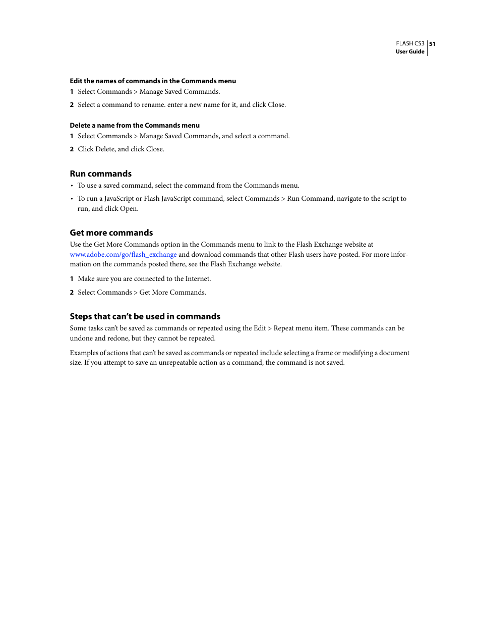 Run commands, Get more commands, Steps that can’t be used in commands | Adobe Flash Professional CS3 User Manual | Page 57 / 527