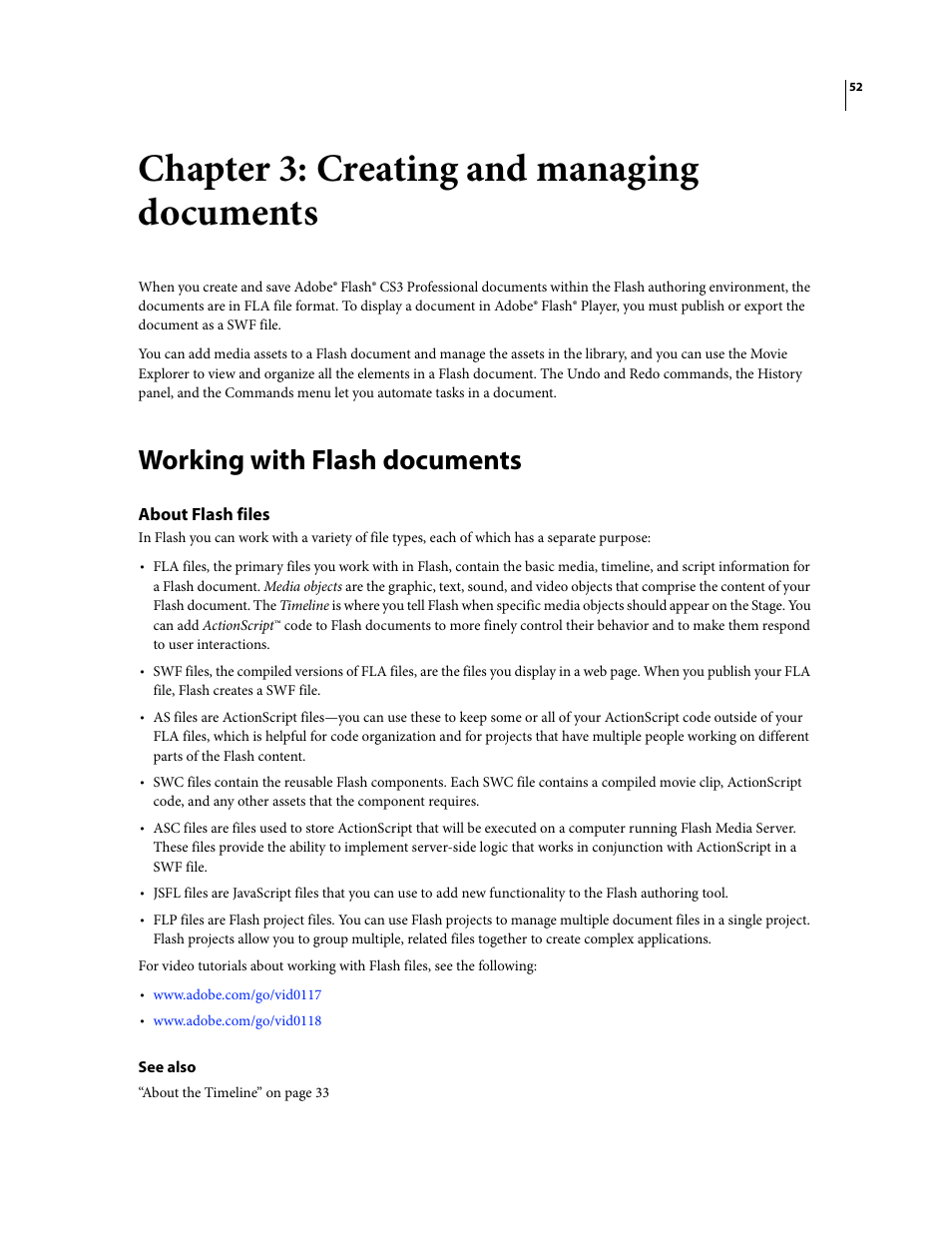 Chapter 3: creating and managing documents, Working with flash documents, About flash files | Adobe Flash Professional CS3 User Manual | Page 58 / 527