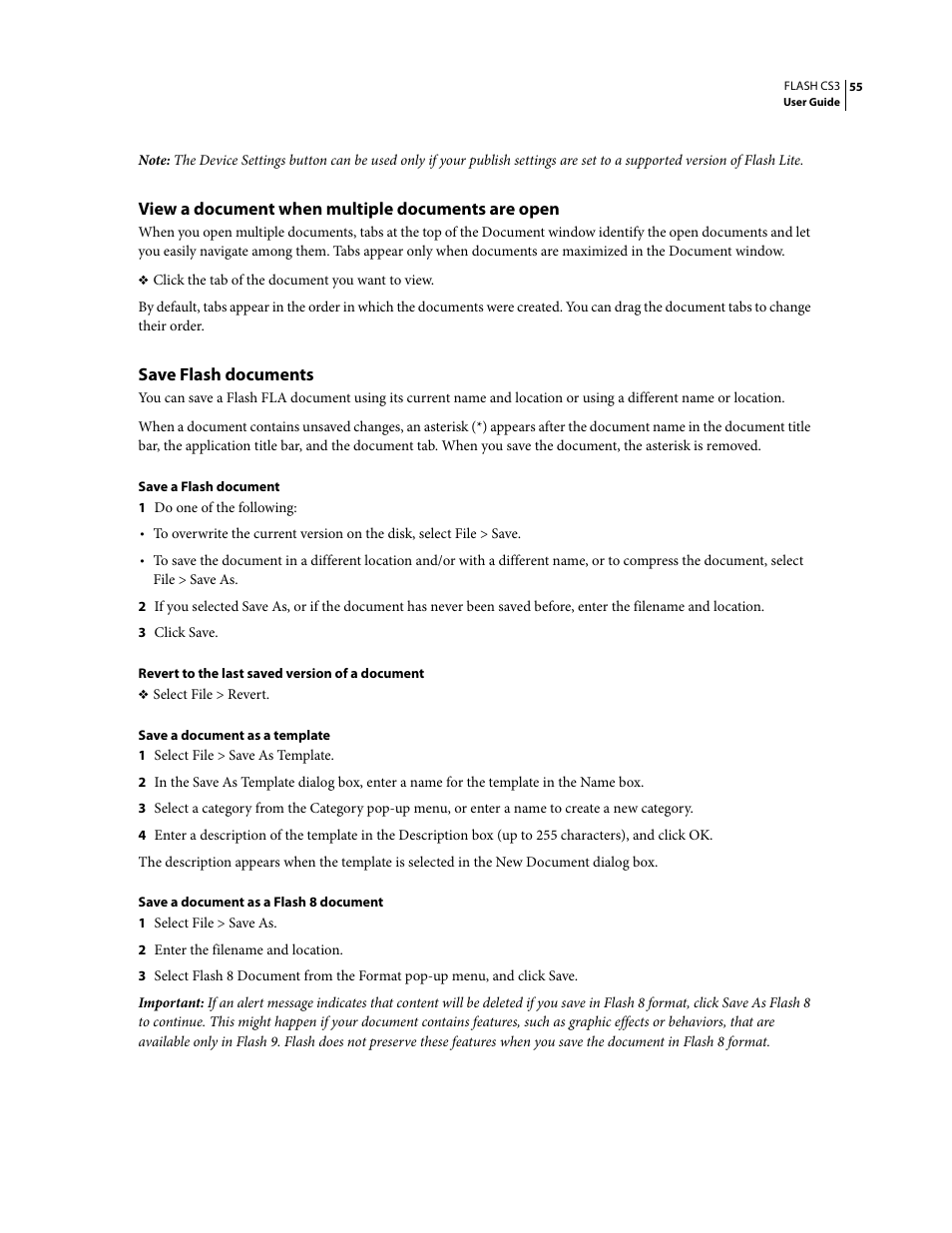 View a document when multiple documents are open, Save flash documents | Adobe Flash Professional CS3 User Manual | Page 61 / 527