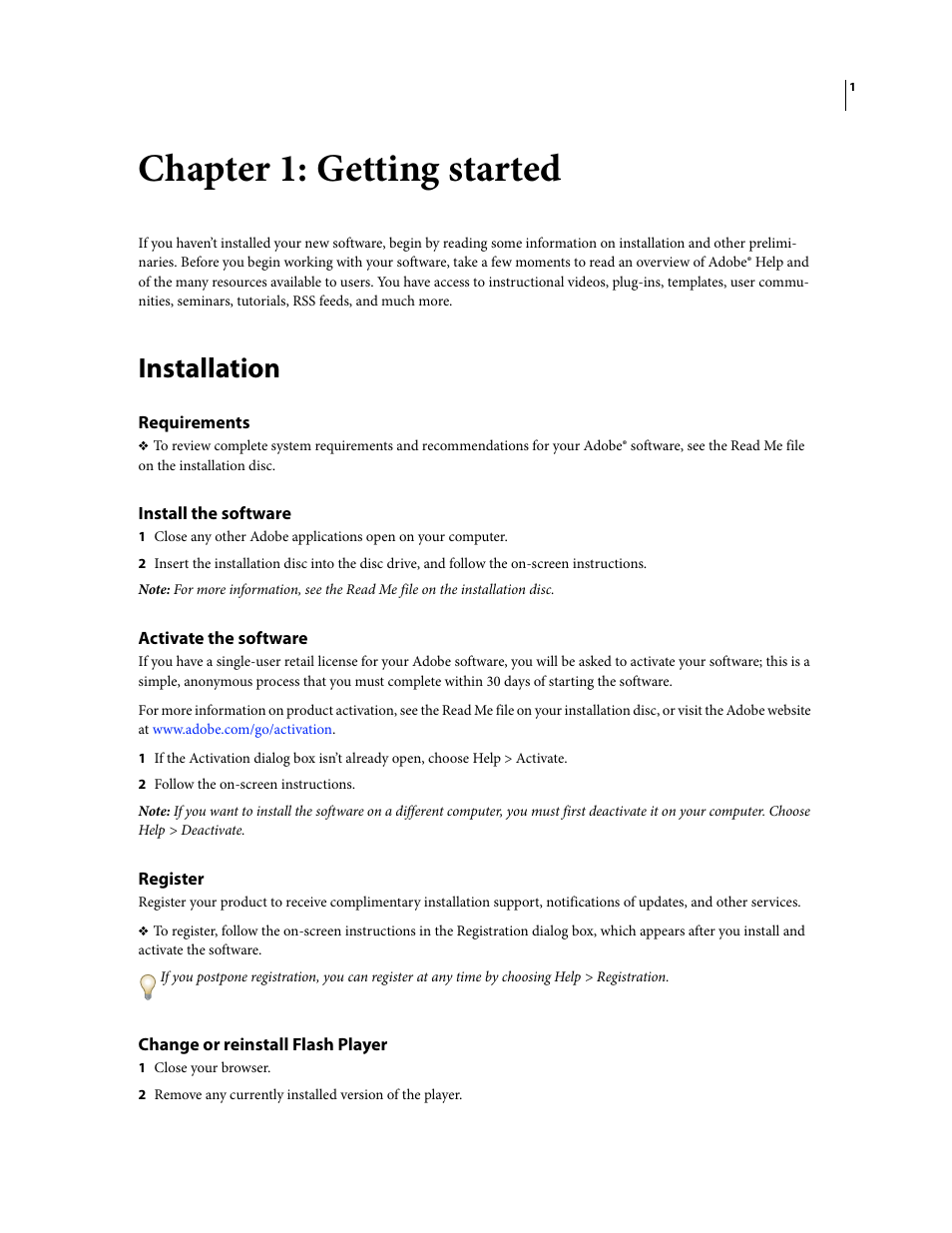 Chapter 1: getting started, Installation, Requirements | Install the software, Activate the software, Register, Change or reinstall flash player | Adobe Flash Professional CS3 User Manual | Page 7 / 527