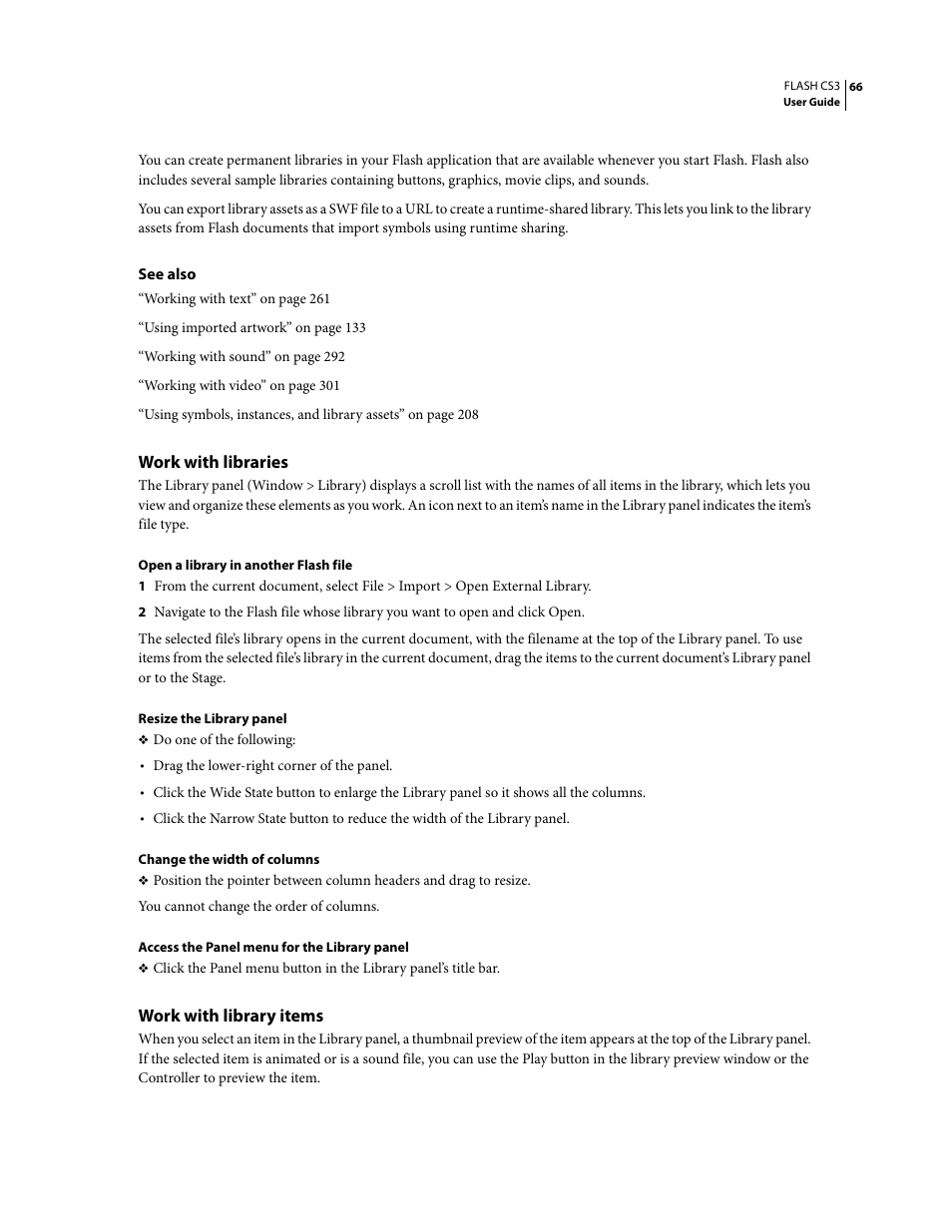 Work with libraries, Work with library items | Adobe Flash Professional CS3 User Manual | Page 72 / 527