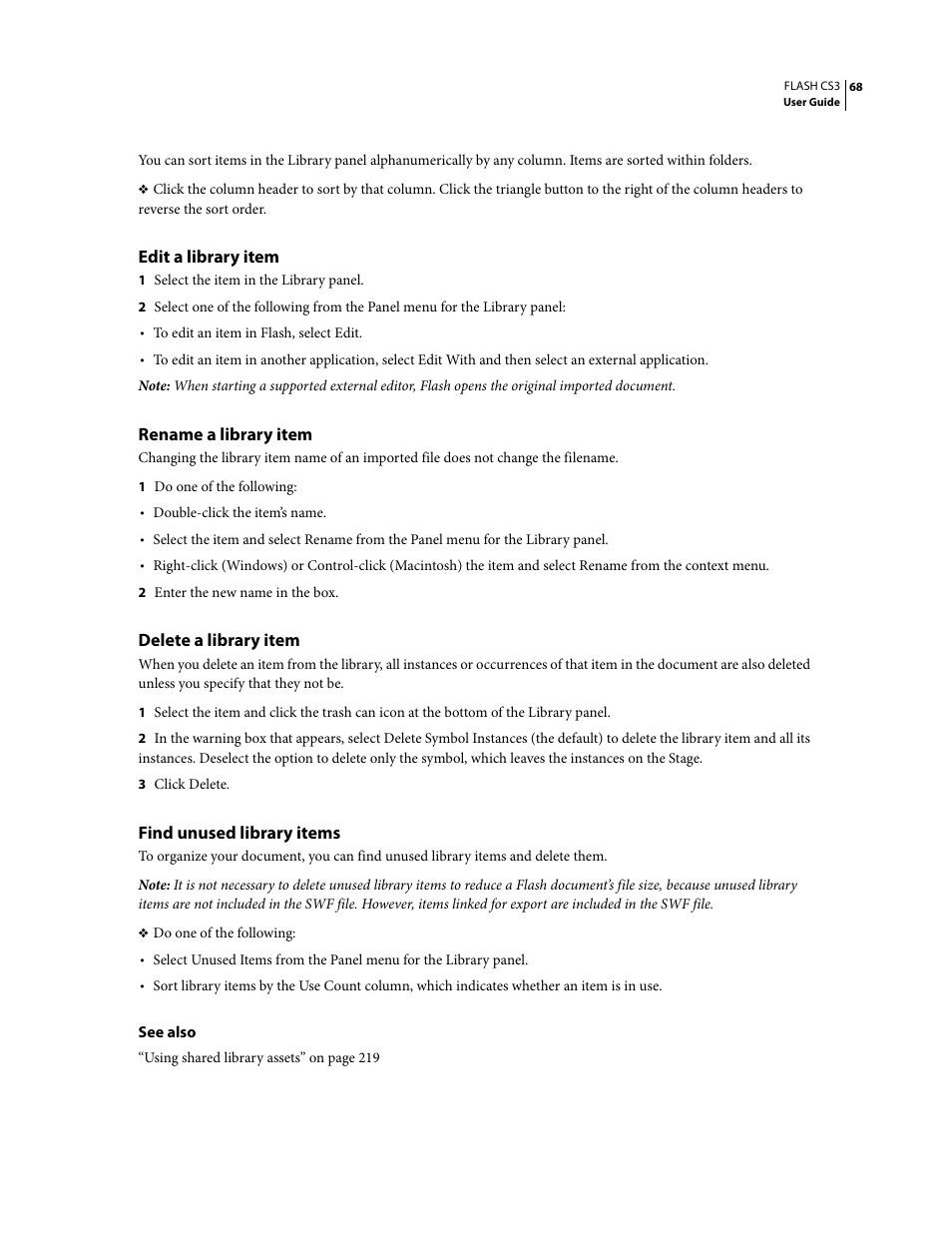 Edit a library item, Rename a library item, Delete a library item | Find unused library items | Adobe Flash Professional CS3 User Manual | Page 74 / 527