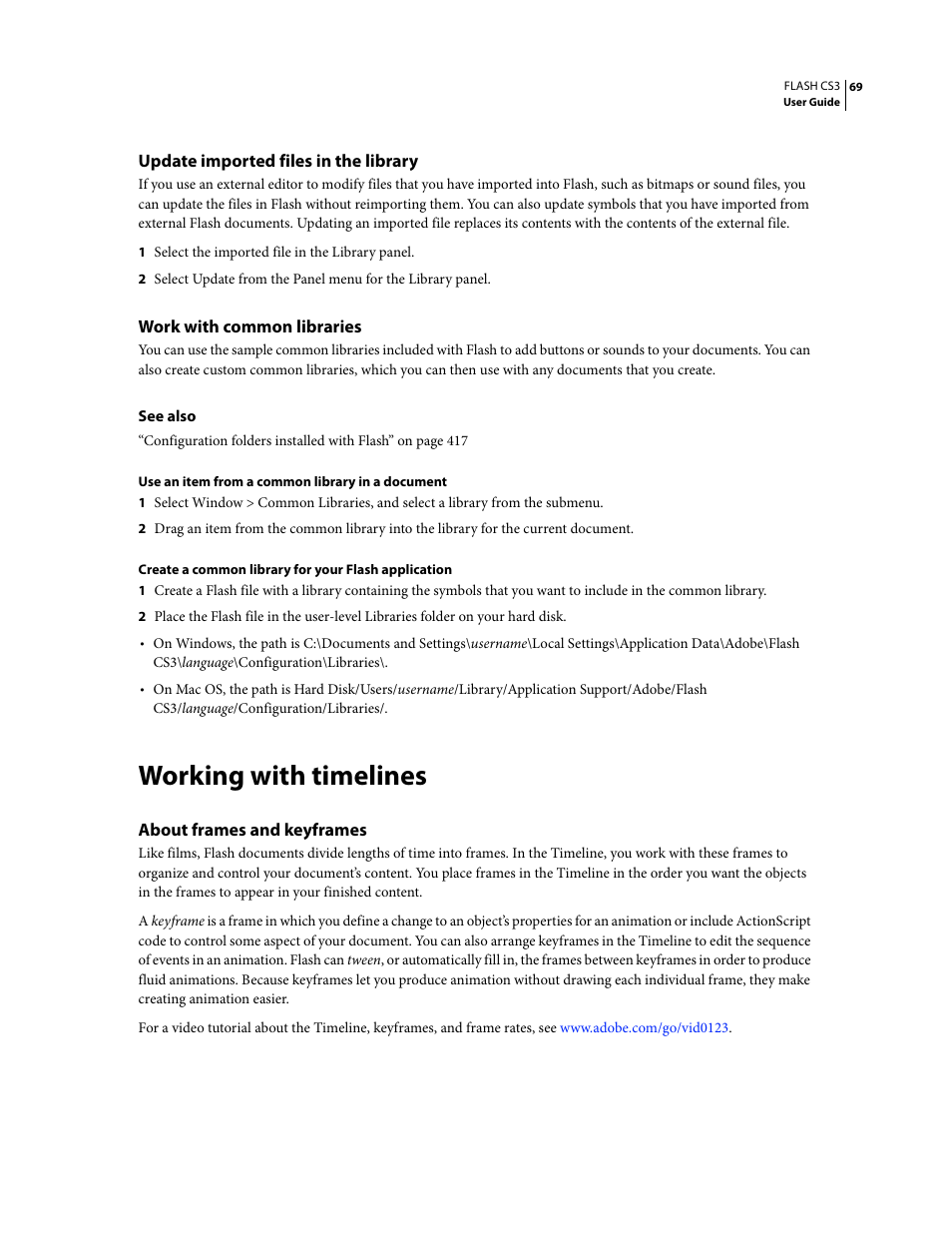 Update imported files in the library, Work with common libraries, Working with timelines | About frames and keyframes | Adobe Flash Professional CS3 User Manual | Page 75 / 527